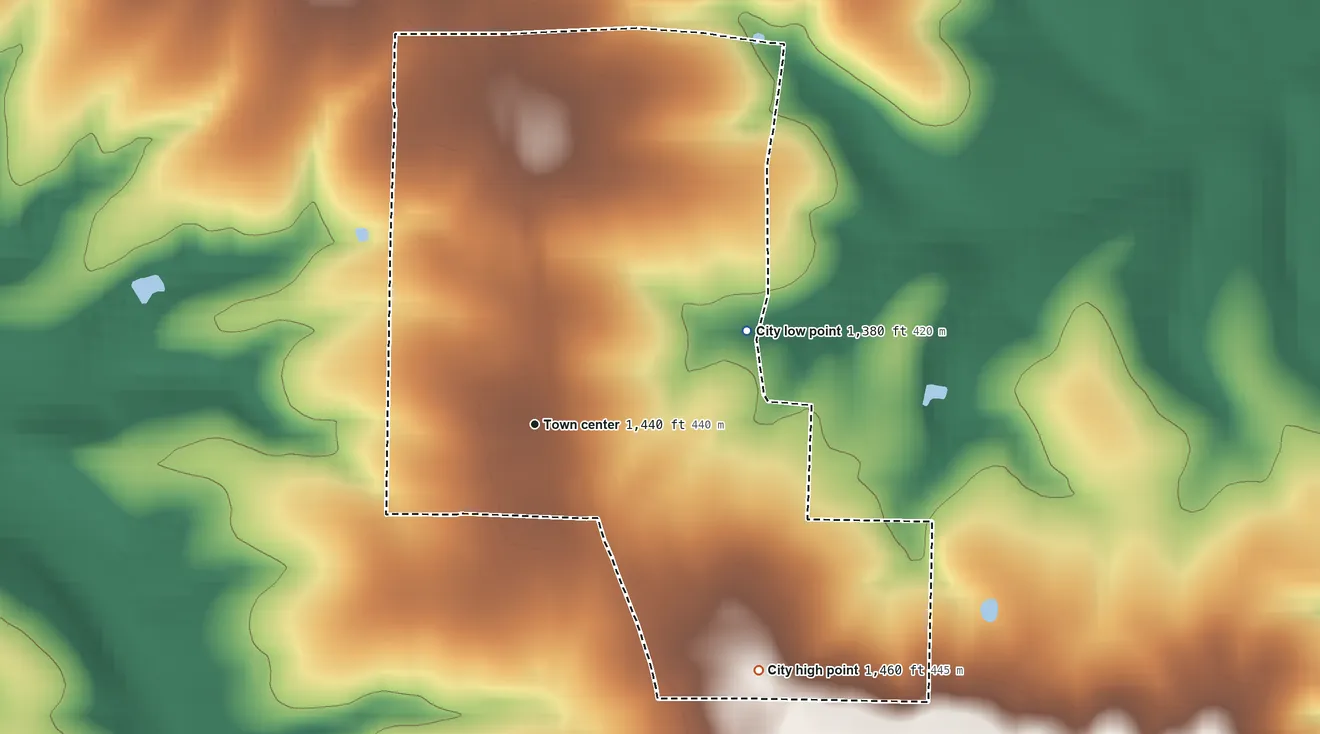Topographic elevation map of Niangua, Missouri, shaded from 1,380 ft on the northeast side to 1,460 ft on the southeast side