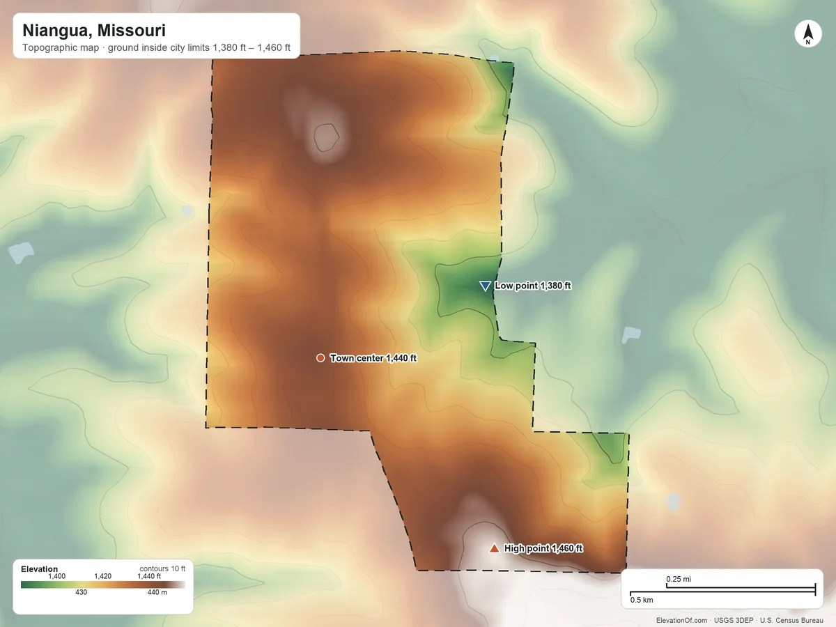 Topographic elevation map of Niangua, Missouri, shaded from 1,380 ft on the northeast side to 1,460 ft on the southeast side