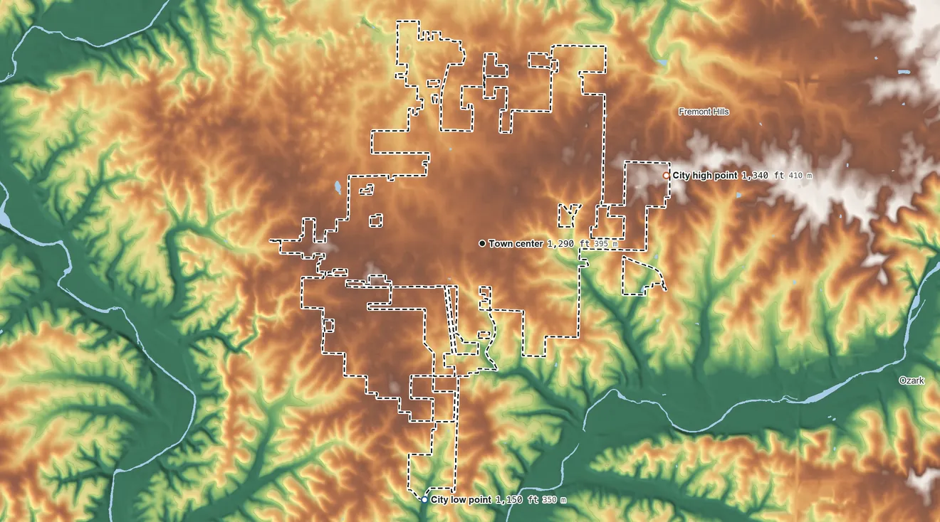 Topographic elevation map of Nixa, Missouri, shaded from 1,150 ft on the south side to 1,340 ft on the east side