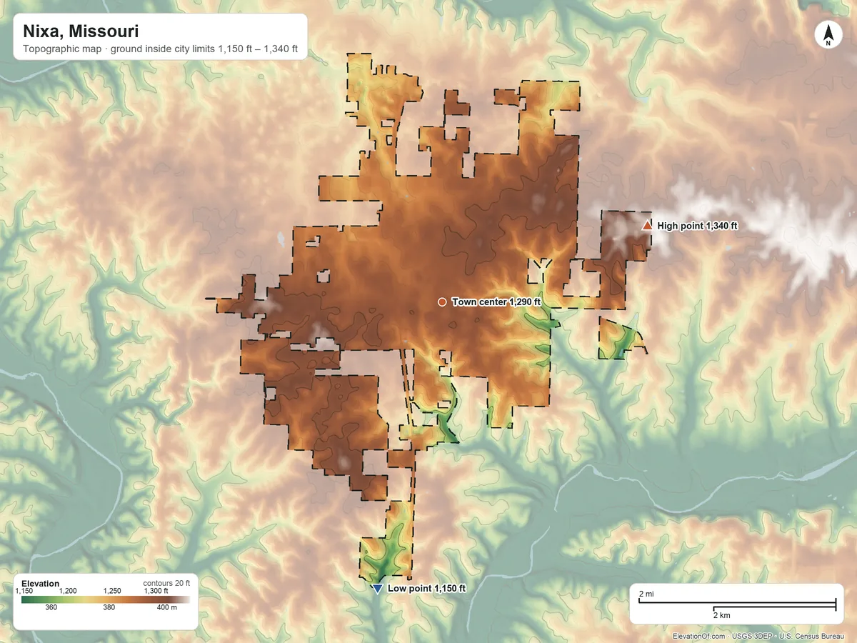 Topographic elevation map of Nixa, Missouri, shaded from 1,150 ft on the south side to 1,340 ft on the east side