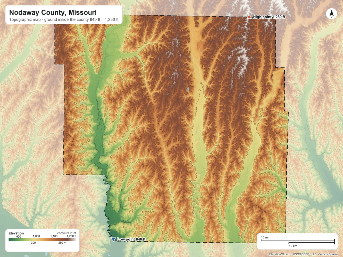 Topographic elevation map of Nodaway County, Missouri, shaded from 840 ft on the southwest side to 1,230 ft on the northeast side
