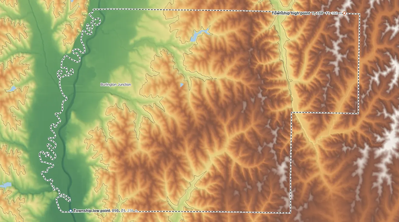 Topographic elevation map of Nodaway Township, Missouri, shaded from 890 ft on the southwest side to 1,180 ft on the east side