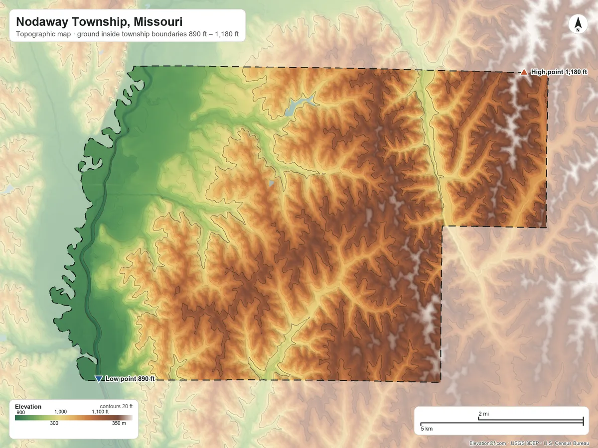 Topographic elevation map of Nodaway Township, Missouri, shaded from 890 ft on the southwest side to 1,180 ft on the east side