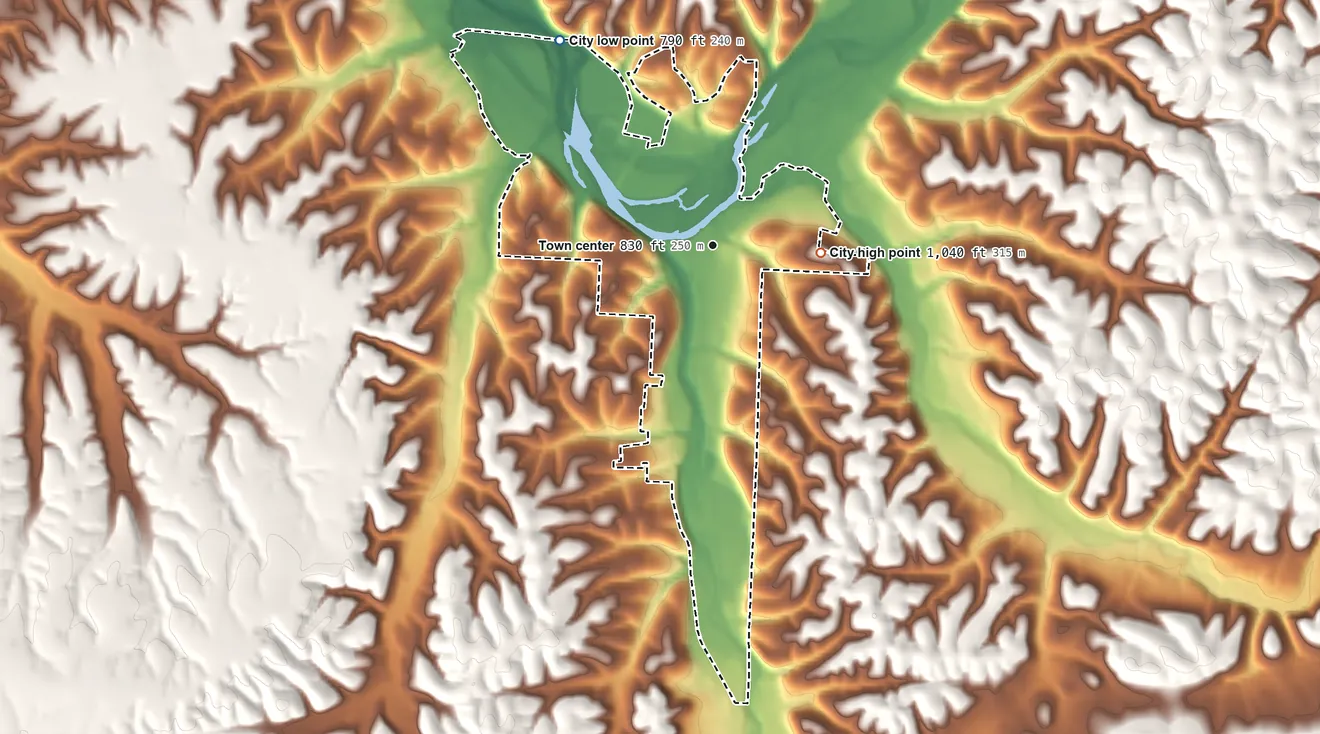 Topographic elevation map of Noel, Missouri, shaded from 790 ft on the northwest side to 1,040 ft on the east side