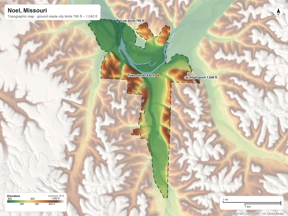 Topographic elevation map of Noel, Missouri, shaded from 790 ft on the northwest side to 1,040 ft on the east side
