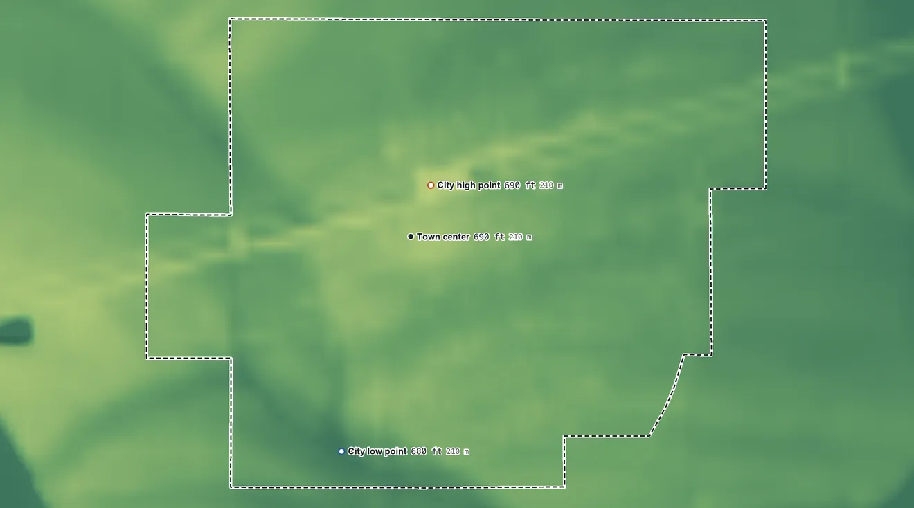 Topographic elevation map of Norborne, Missouri, shaded from 680 ft on the south side to 690 ft near the middle