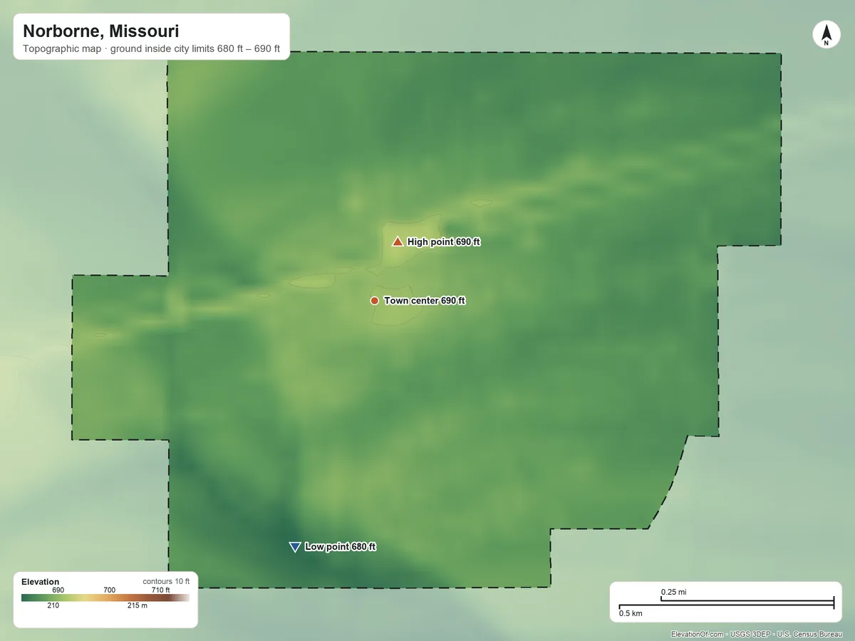 Topographic elevation map of Norborne, Missouri, shaded from 680 ft on the south side to 690 ft near the middle