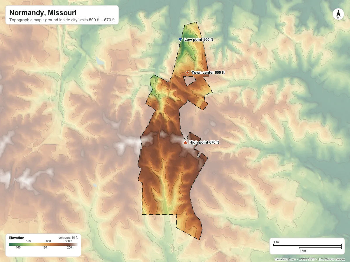 Topographic elevation map of Normandy, Missouri, shaded from 500 ft on the north side to 670 ft on the south side