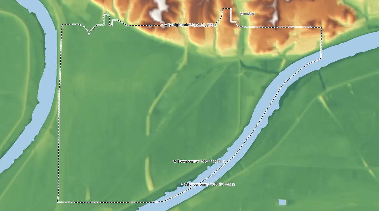 Topographic elevation map of North Kansas City, Missouri, shaded from 720 ft near the middle to 910 ft on the north side