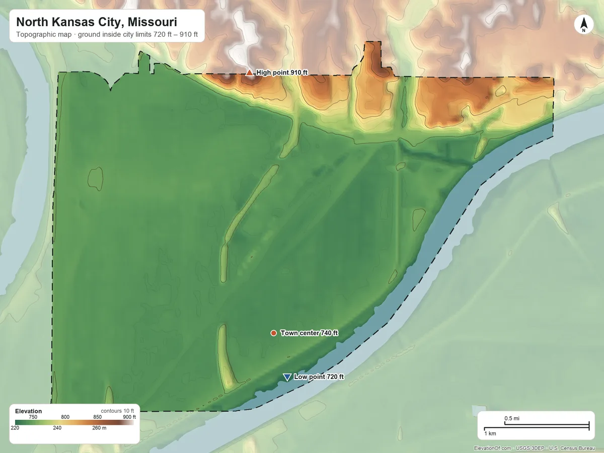 Topographic elevation map of North Kansas City, Missouri, shaded from 720 ft near the middle to 910 ft on the north side