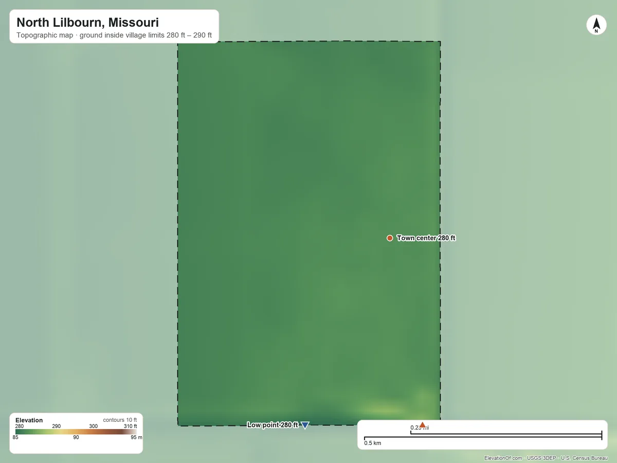 Topographic elevation map of North Lilbourn, Missouri, shaded from 280 ft on the southwest side to 290 ft on the south side