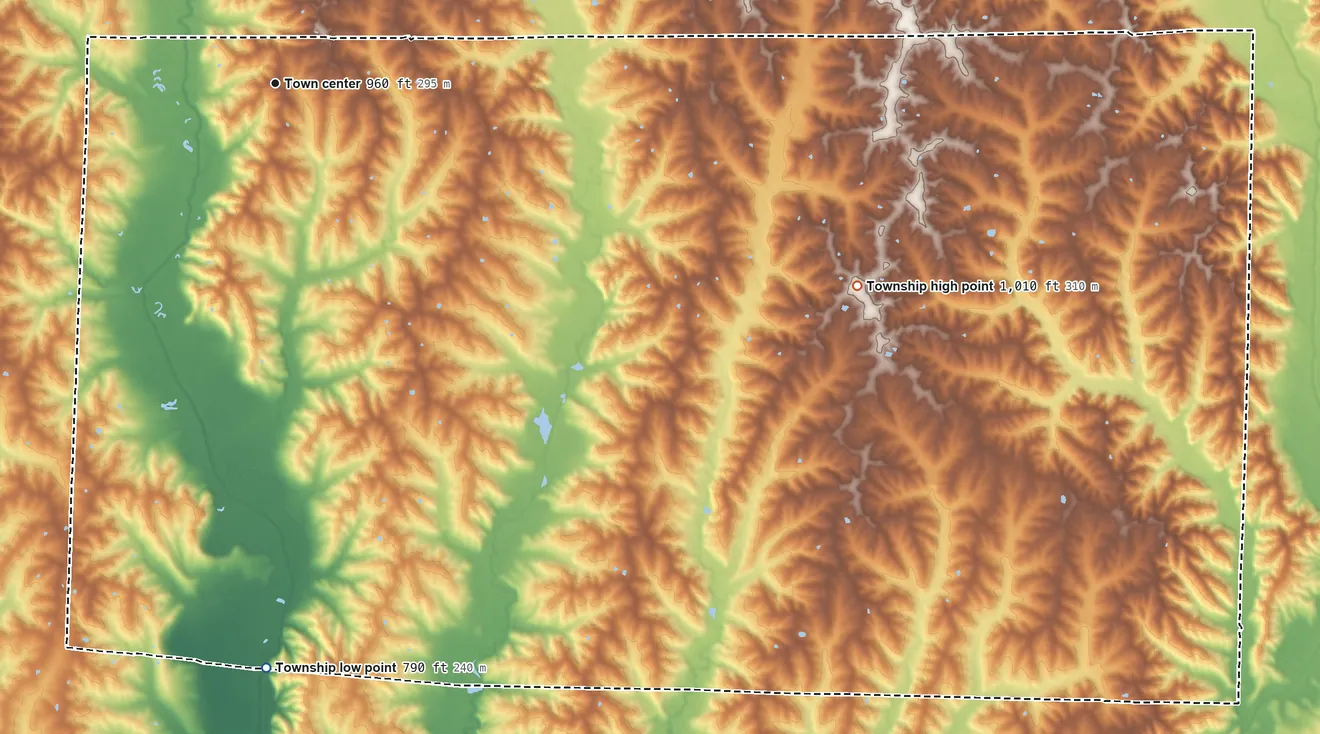 Topographic elevation map of North Salem Township, Missouri, shaded from 790 ft on the south side to 1,010 ft on the east side