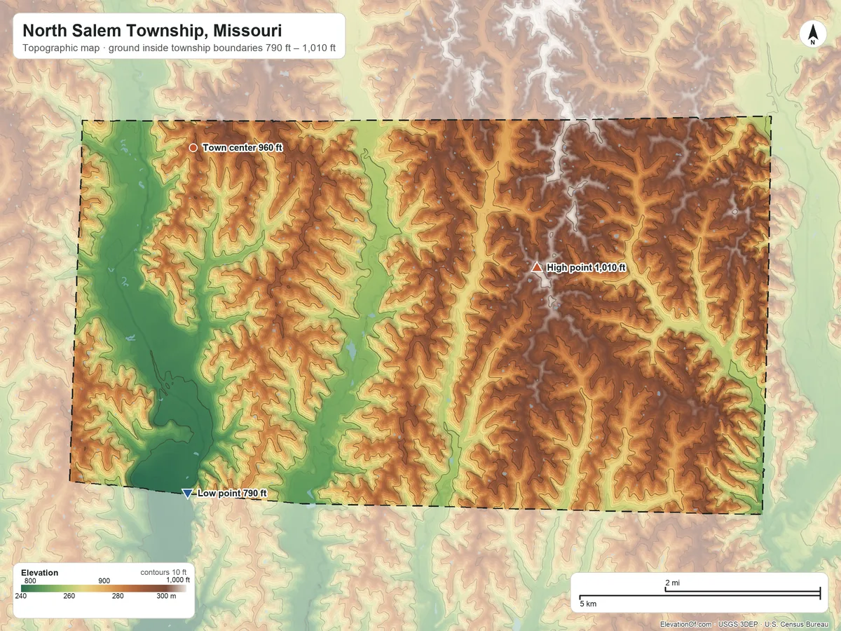 Topographic elevation map of North Salem Township, Missouri, shaded from 790 ft on the south side to 1,010 ft on the east side