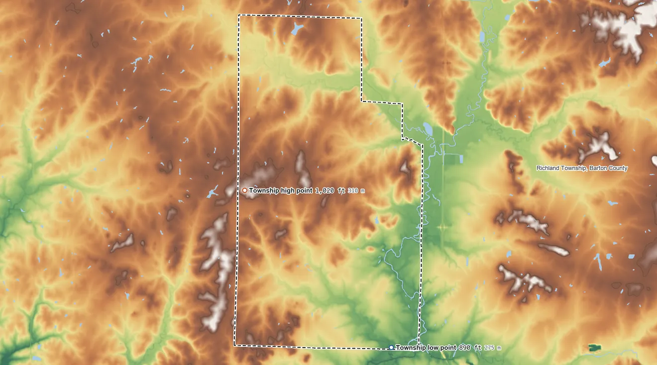 Topographic elevation map of Northfork Township, Missouri, shaded from 890 ft on the south side to 1,020 ft on the west side