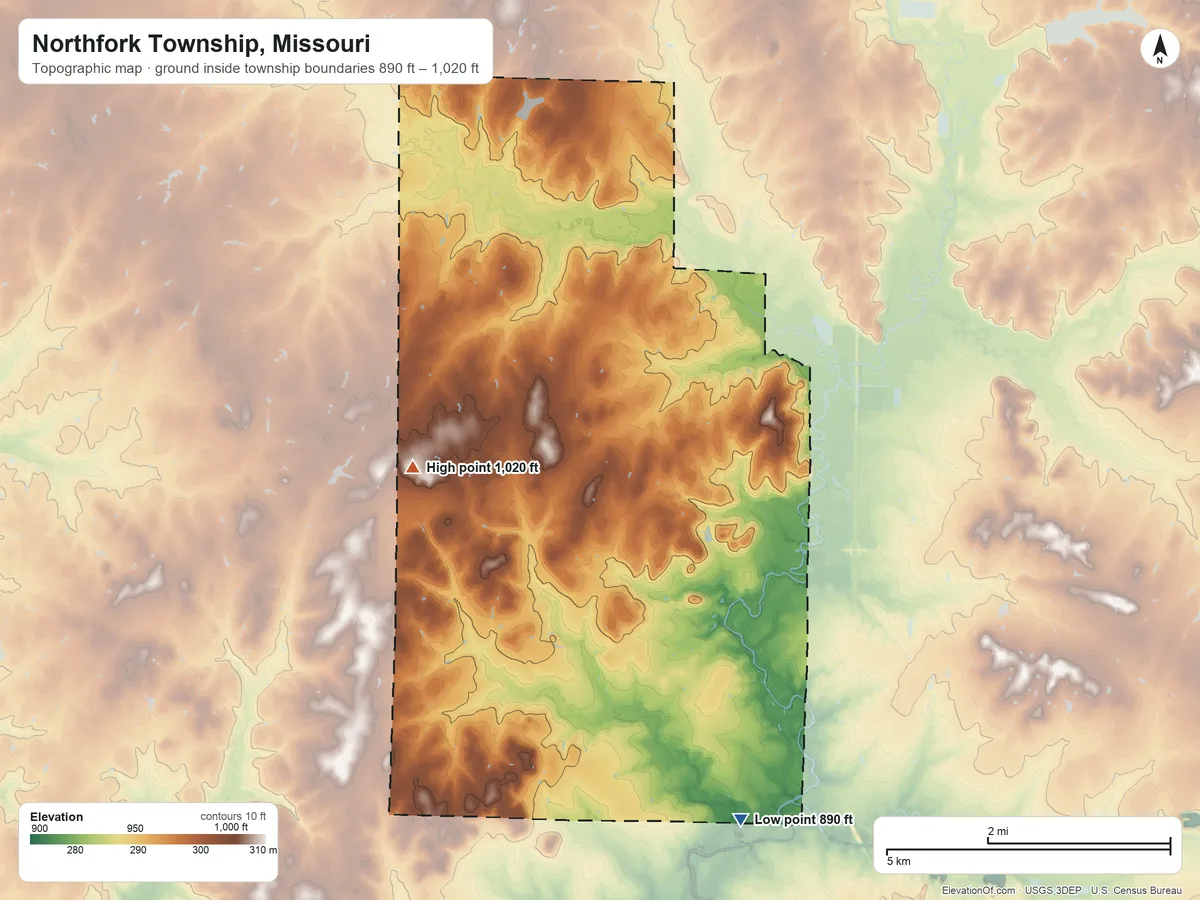 Topographic elevation map of Northfork Township, Missouri, shaded from 890 ft on the south side to 1,020 ft on the west side