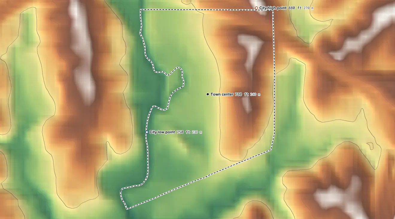 Topographic elevation map of Northmoor, Missouri, shaded from 750 ft on the southwest side to 880 ft on the northeast side