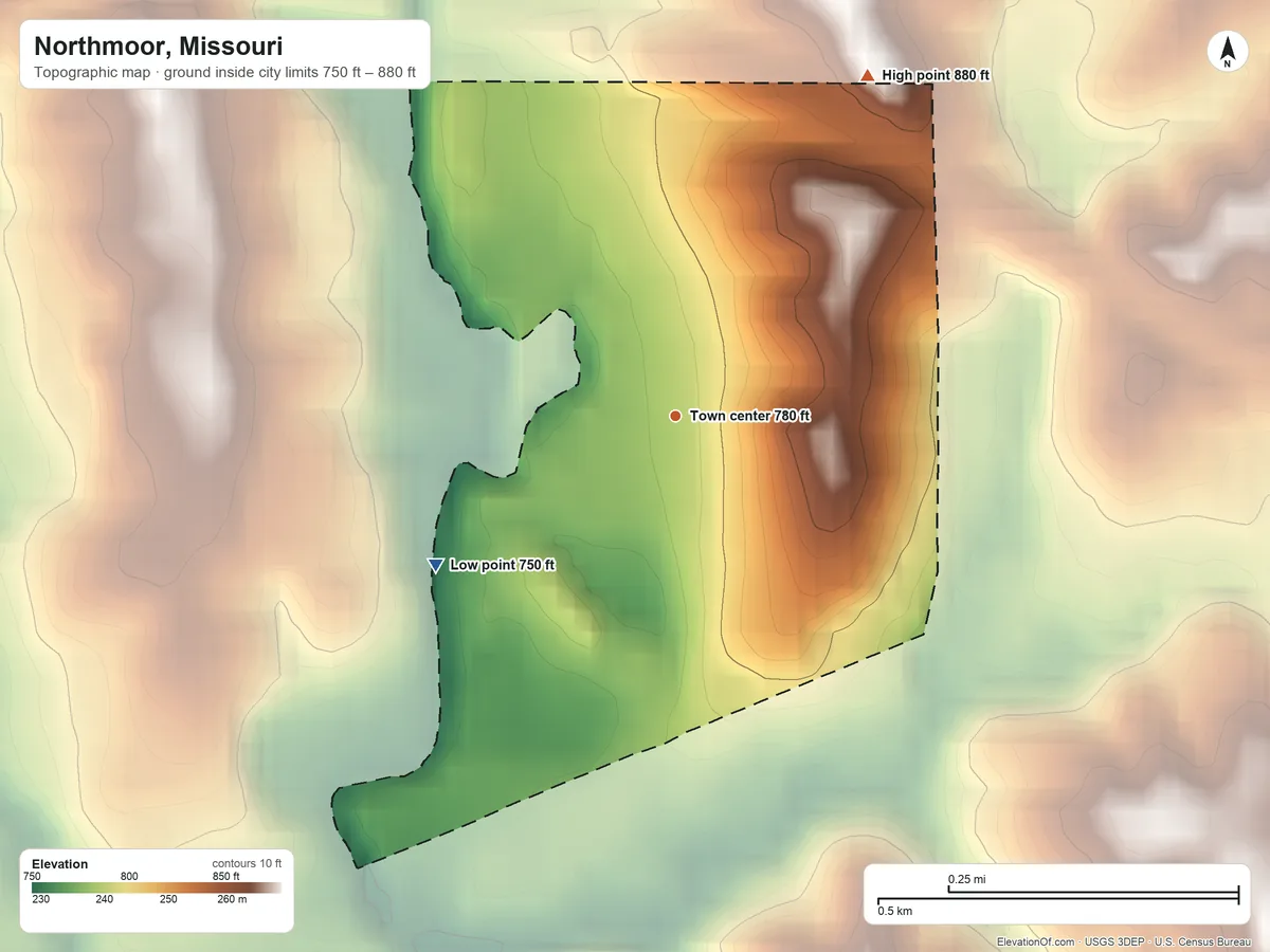 Topographic elevation map of Northmoor, Missouri, shaded from 750 ft on the southwest side to 880 ft on the northeast side