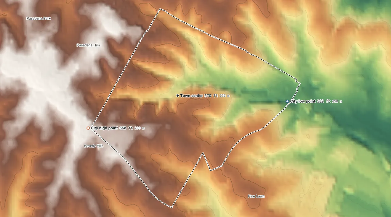 Topographic elevation map of Northwoods, Missouri, shaded from 500 ft on the east side to 650 ft on the west side