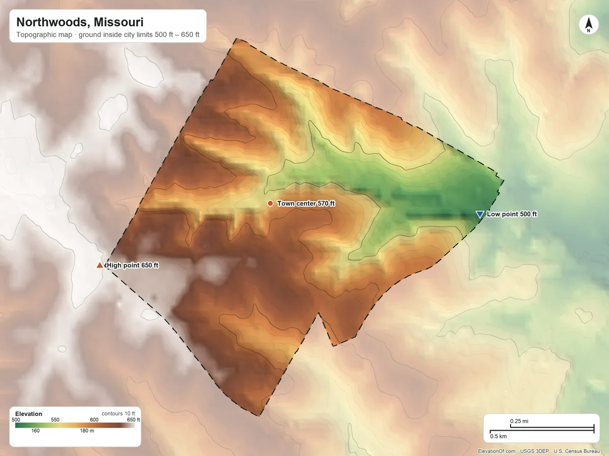Topographic elevation map of Northwoods, Missouri, shaded from 500 ft on the east side to 650 ft on the west side
