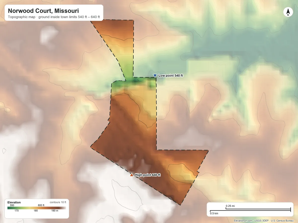 Topographic elevation map of Norwood Court, Missouri, shaded from 540 ft on the north side to 640 ft on the southeast side
