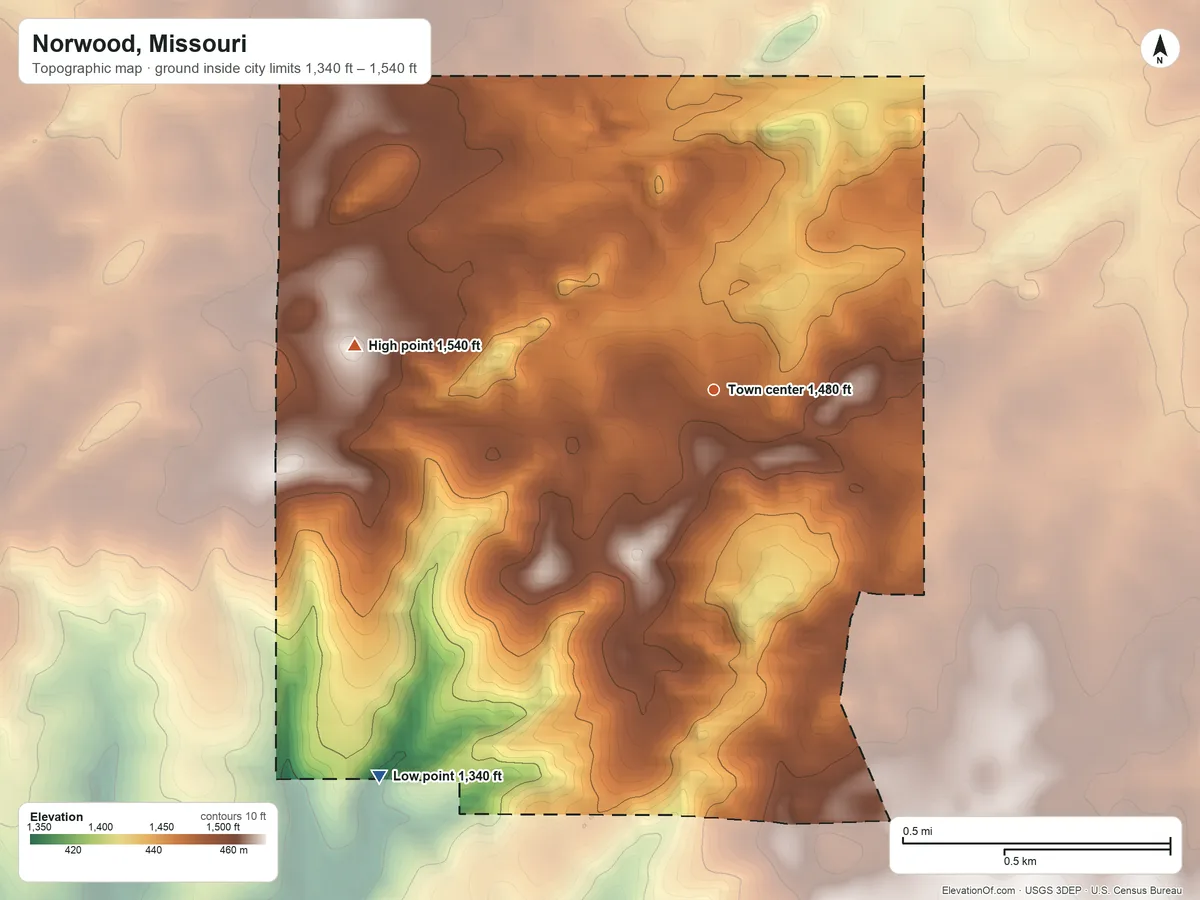 Topographic elevation map of Norwood, Missouri, shaded from 1,340 ft on the southwest side to 1,540 ft on the west side