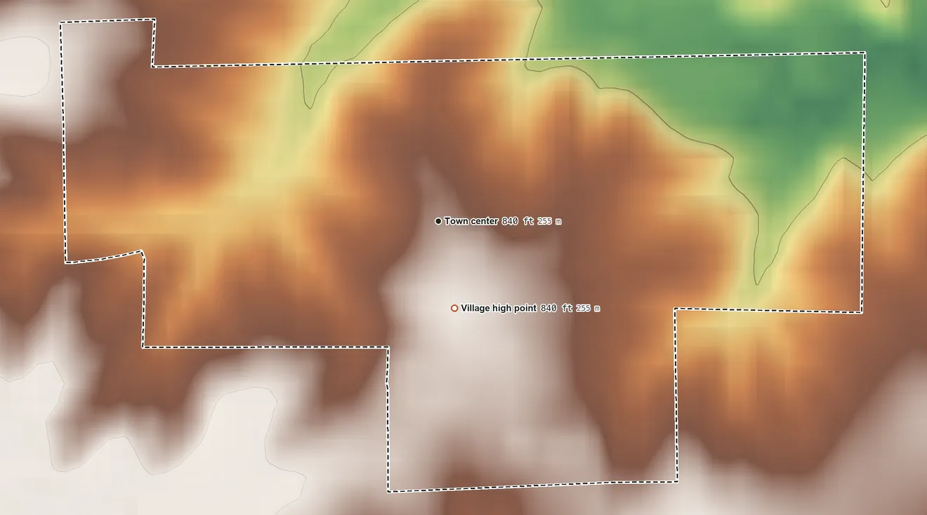 Topographic elevation map of Novelty, Missouri, shaded from 780 ft on the east side to 840 ft near the middle