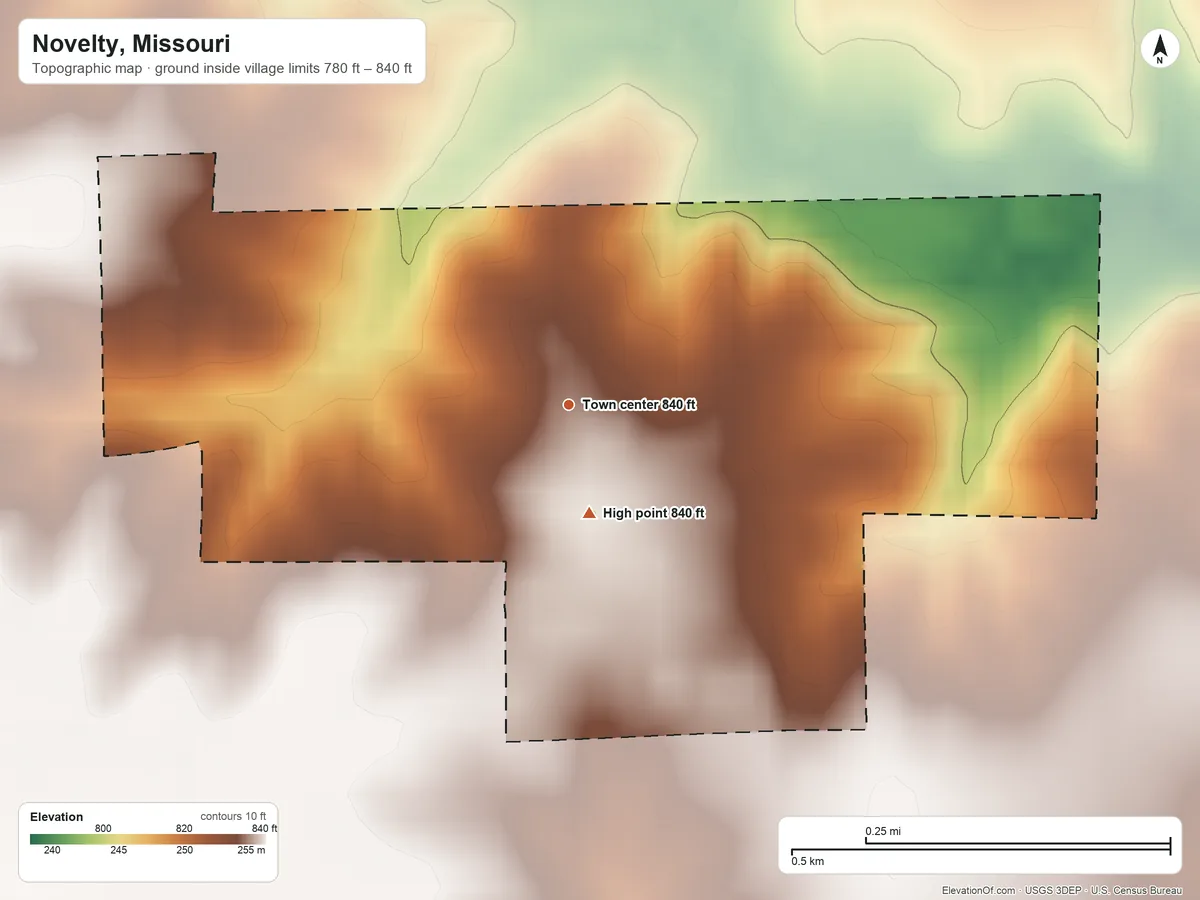 Topographic elevation map of Novelty, Missouri, shaded from 780 ft on the east side to 840 ft near the middle