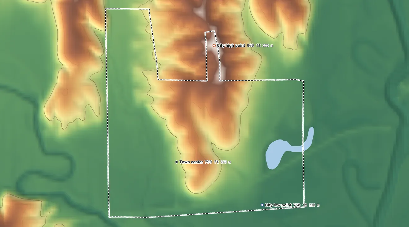 Topographic elevation map of Novinger, Missouri, shaded from 760 ft on the southeast side to 900 ft on the north side