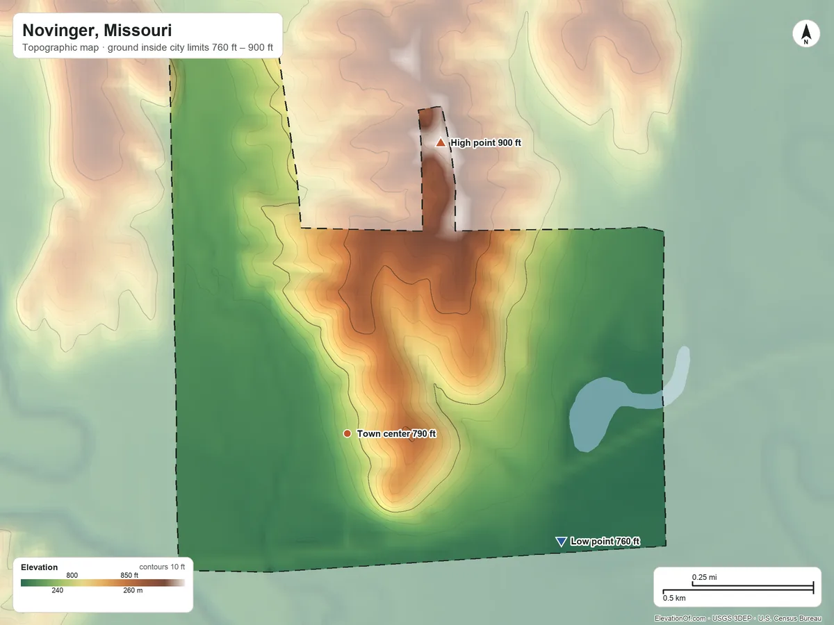 Topographic elevation map of Novinger, Missouri, shaded from 760 ft on the southeast side to 900 ft on the north side