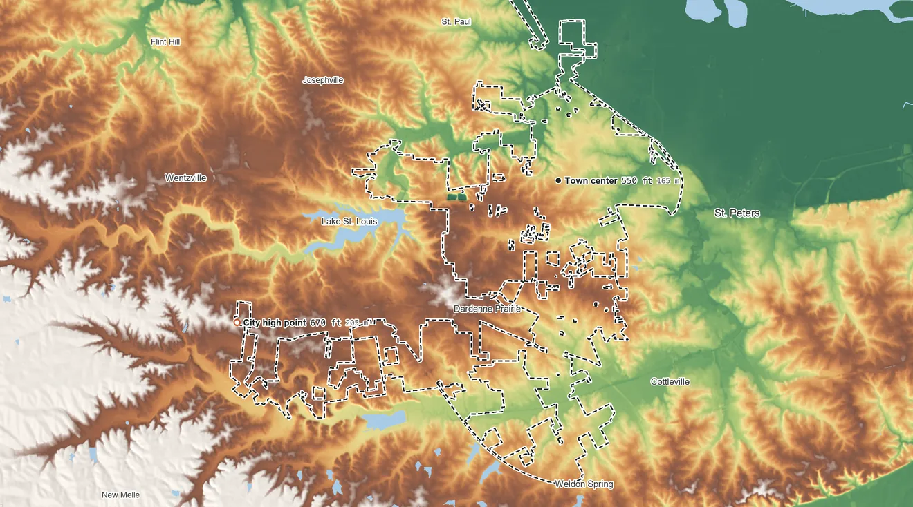 Topographic elevation map of O'Fallon, Missouri, shaded from 430 ft on the north side to 670 ft on the southwest side