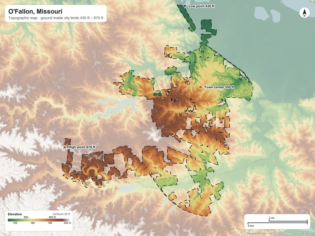 Topographic elevation map of O'Fallon, Missouri, shaded from 430 ft on the north side to 670 ft on the southwest side