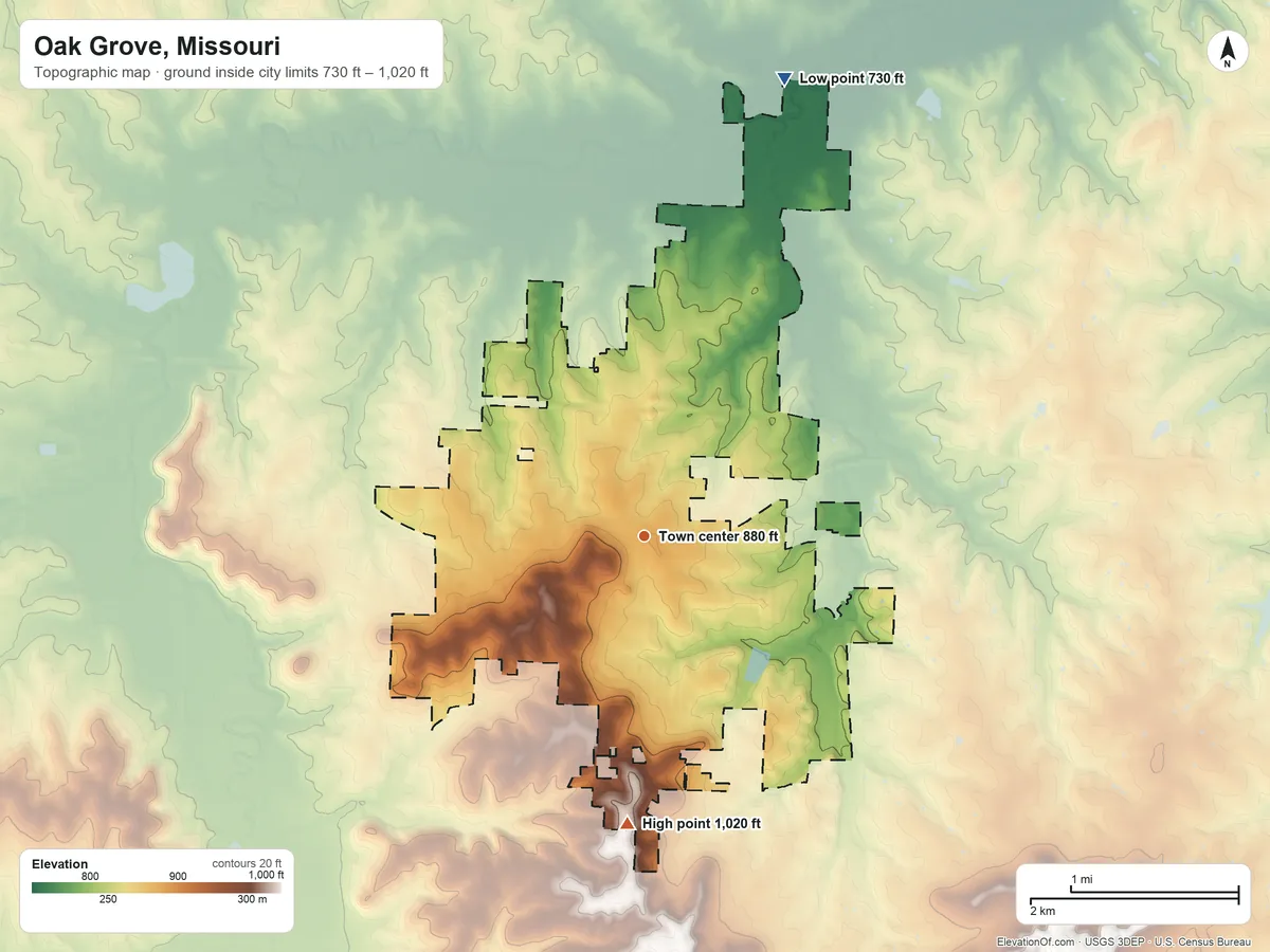 Topographic elevation map of Oak Grove, Missouri, shaded from 730 ft on the north side to 1,020 ft on the south side