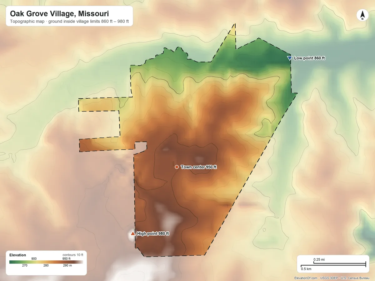 Topographic elevation map of Oak Grove Village, Missouri, shaded from 860 ft on the northeast side to 980 ft on the southwest side