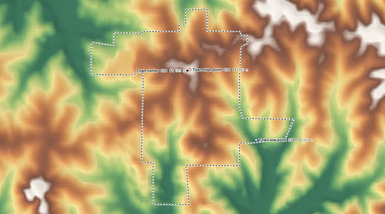 Topographic elevation map of Oak Ridge, Missouri, shaded from 530 ft on the southeast side to 610 ft near the middle