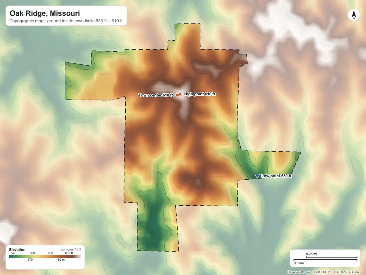 Topographic elevation map of Oak Ridge, Missouri, shaded from 530 ft on the southeast side to 610 ft near the middle