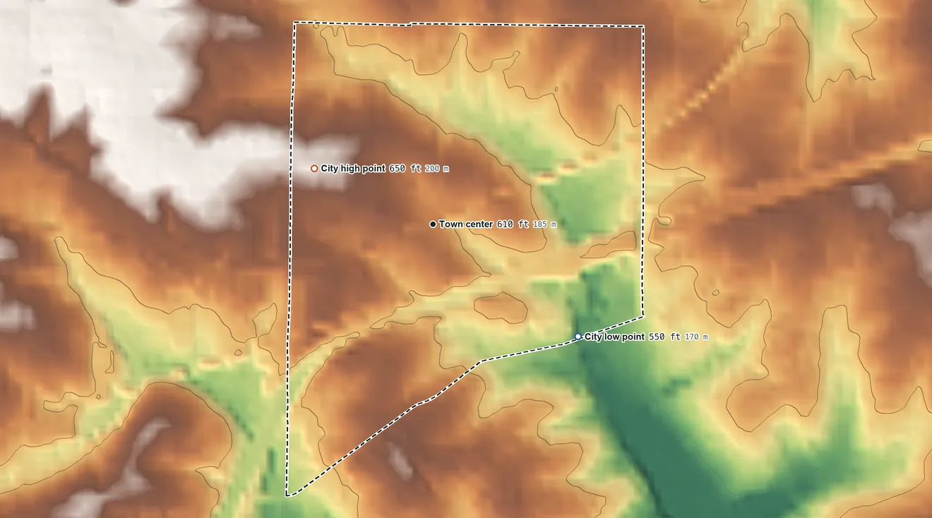 Topographic elevation map of Oakland, Missouri, shaded from 550 ft on the southeast side to 650 ft on the northwest side