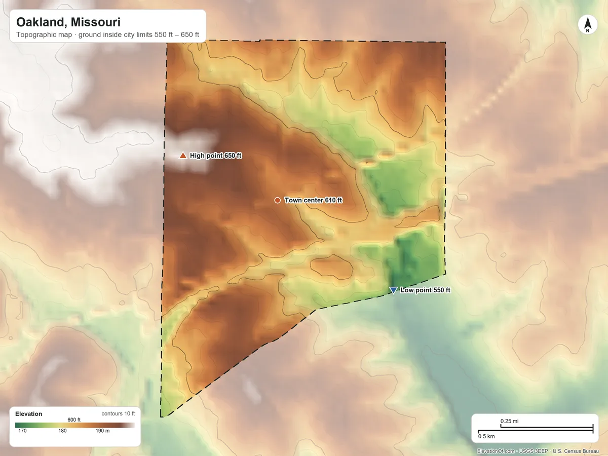 Topographic elevation map of Oakland, Missouri, shaded from 550 ft on the southeast side to 650 ft on the northwest side