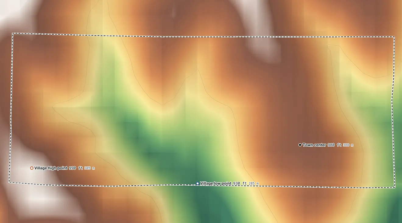 Topographic elevation map of Oaks, Missouri, shaded from 930 ft on the west side to 990 ft on the west side