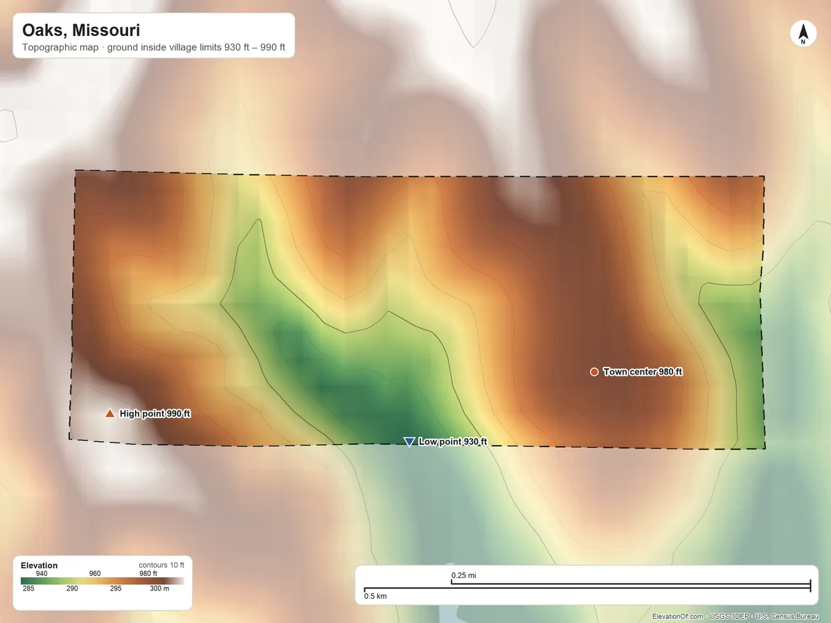 Topographic elevation map of Oaks, Missouri, shaded from 930 ft on the west side to 990 ft on the west side