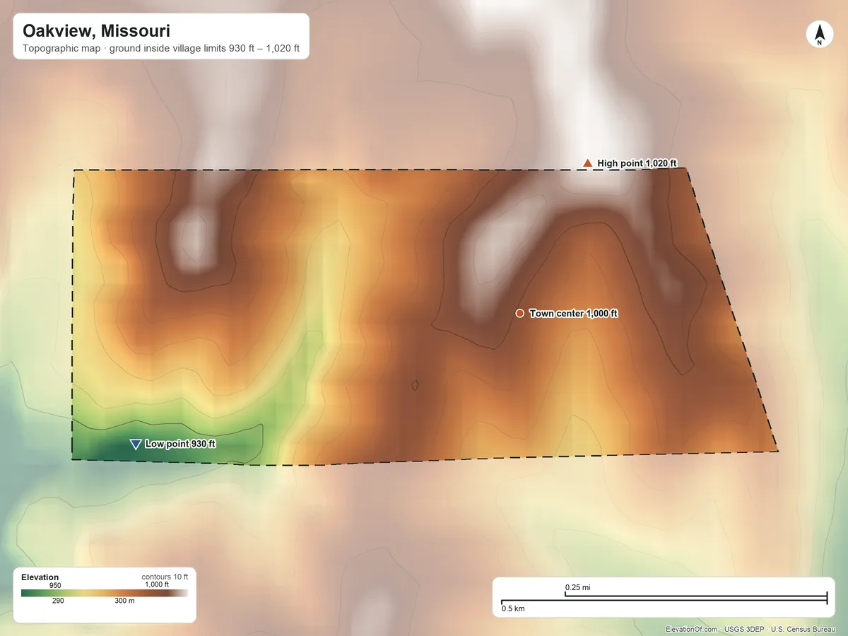 Topographic elevation map of Oakview, Missouri, shaded from 930 ft on the west side to 1,020 ft on the northeast side