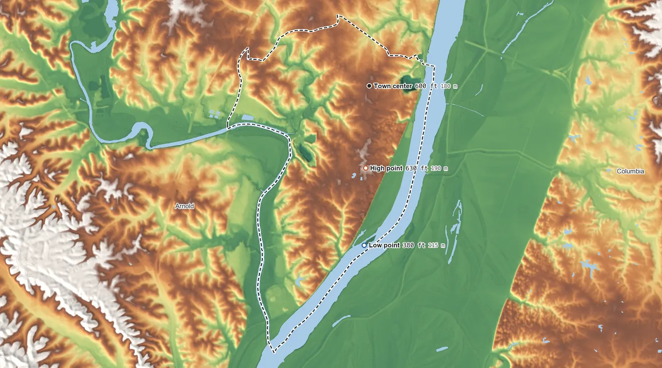 Topographic elevation map of Oakville, Missouri, shaded from 380 ft on the south side to 630 ft on the south side