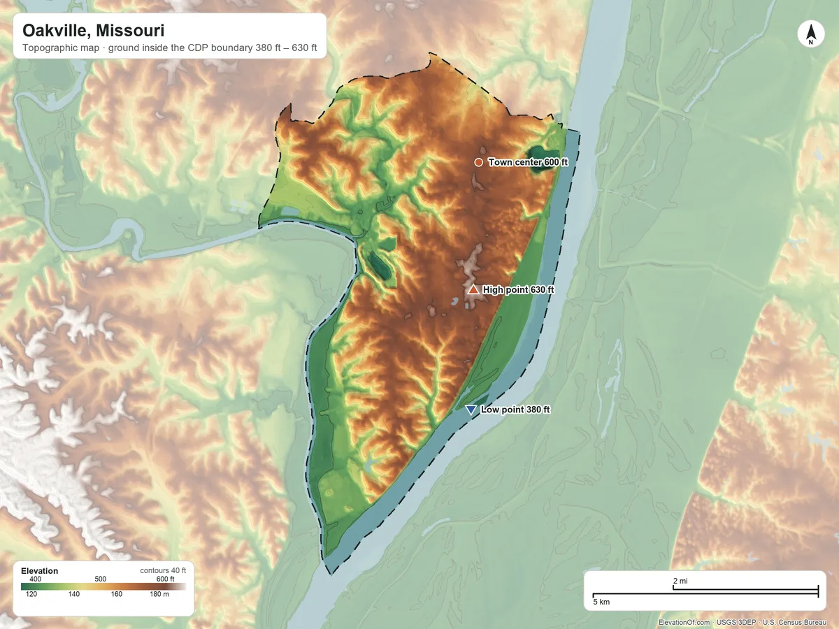 Topographic elevation map of Oakville, Missouri, shaded from 380 ft on the south side to 630 ft on the south side