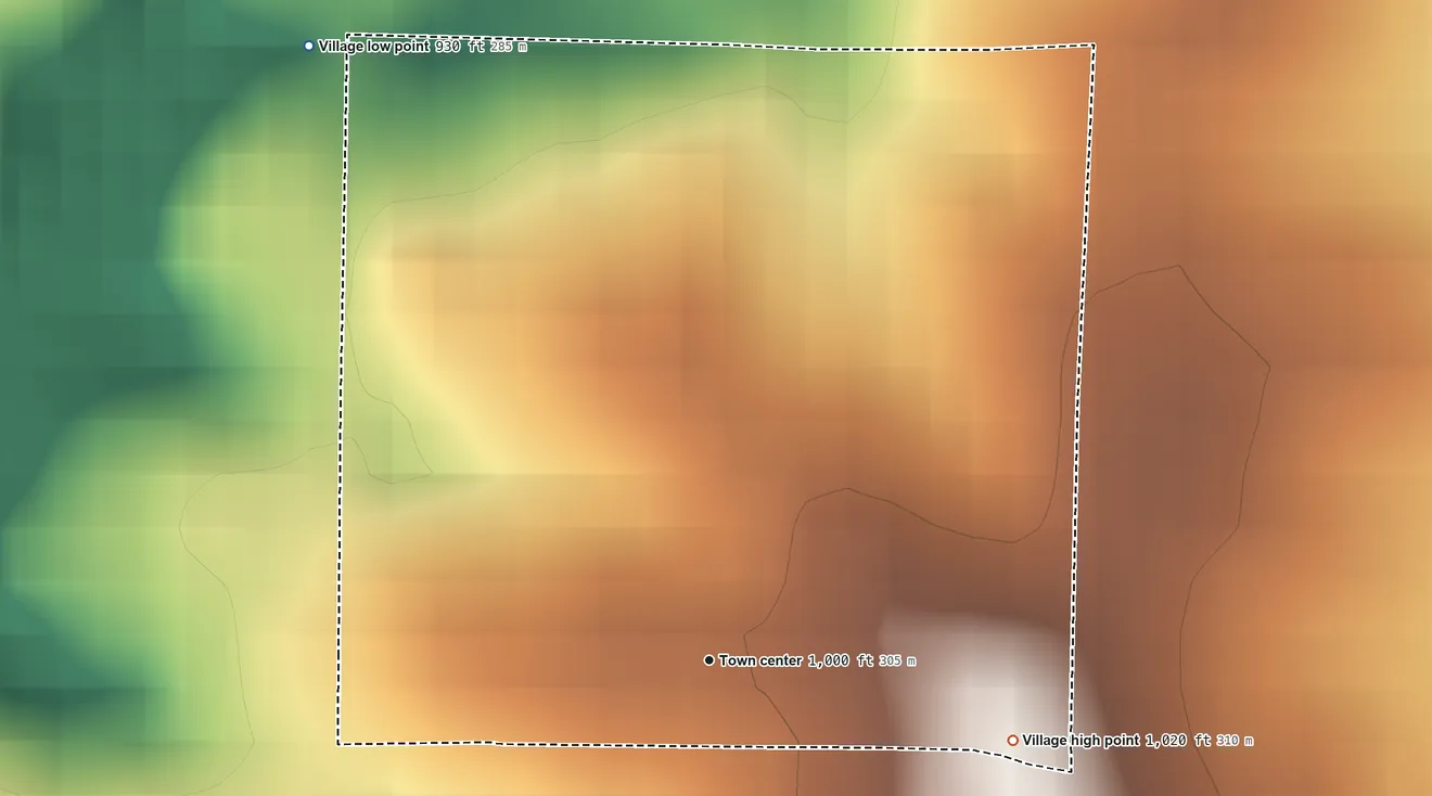 Topographic elevation map of Oakwood Park, Missouri, shaded from 930 ft on the northwest side to 1,020 ft on the east side