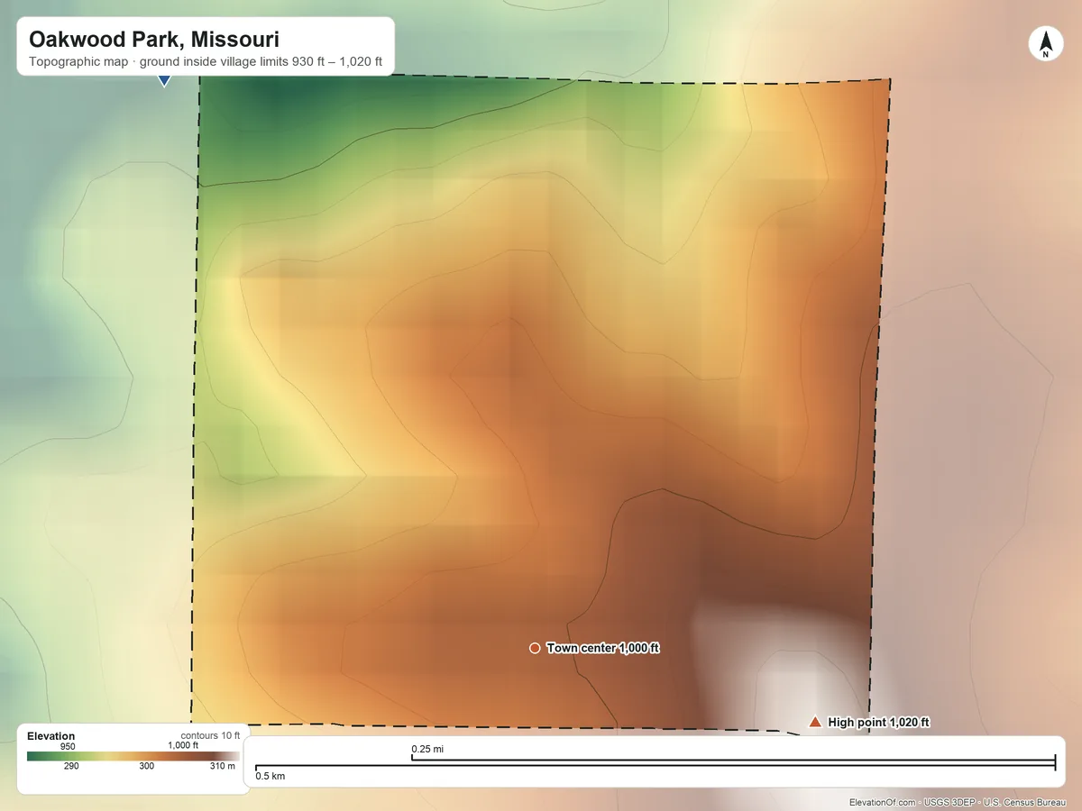 Topographic elevation map of Oakwood Park, Missouri, shaded from 930 ft on the northwest side to 1,020 ft on the east side