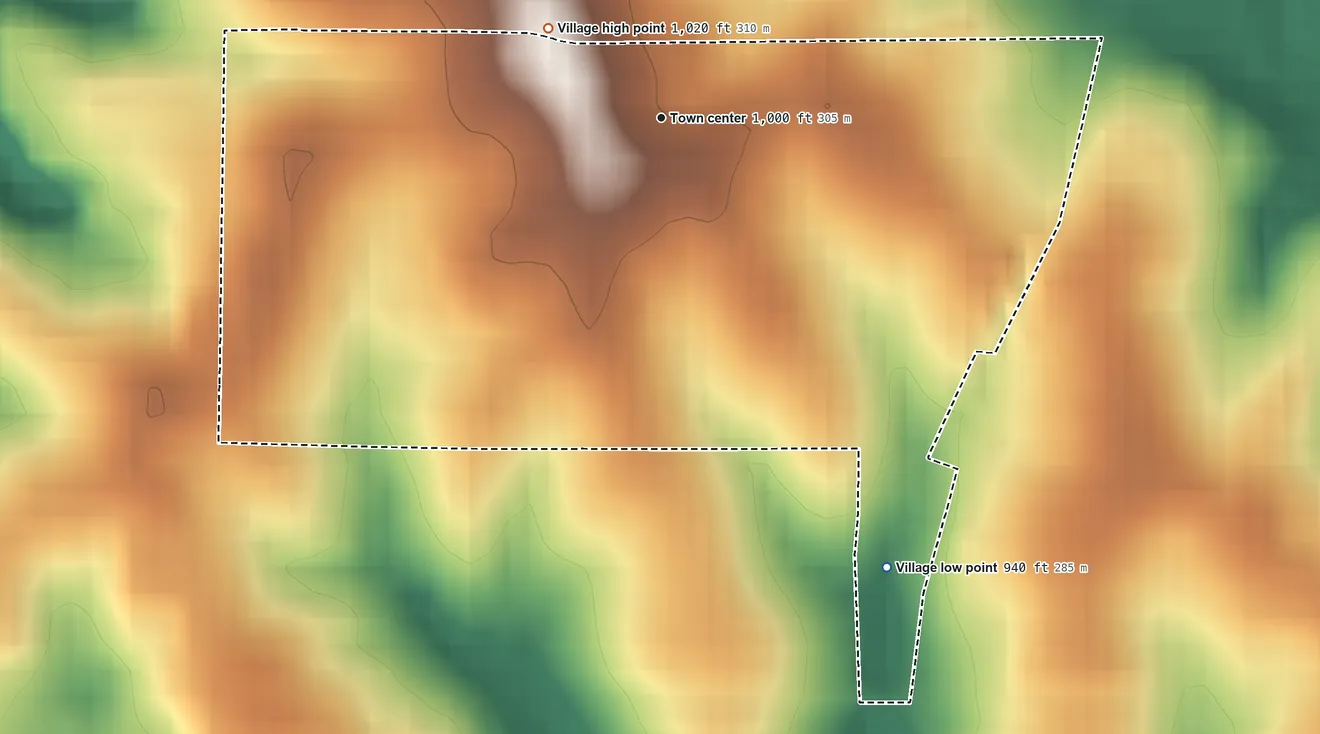 Topographic elevation map of Oakwood, Missouri, shaded from 940 ft on the southeast side to 1,020 ft on the northwest side