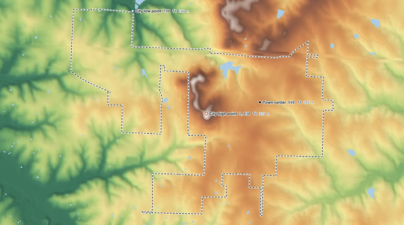 Topographic elevation map of Odessa, Missouri, shaded from 790 ft on the northwest side to 1,030 ft on the west side