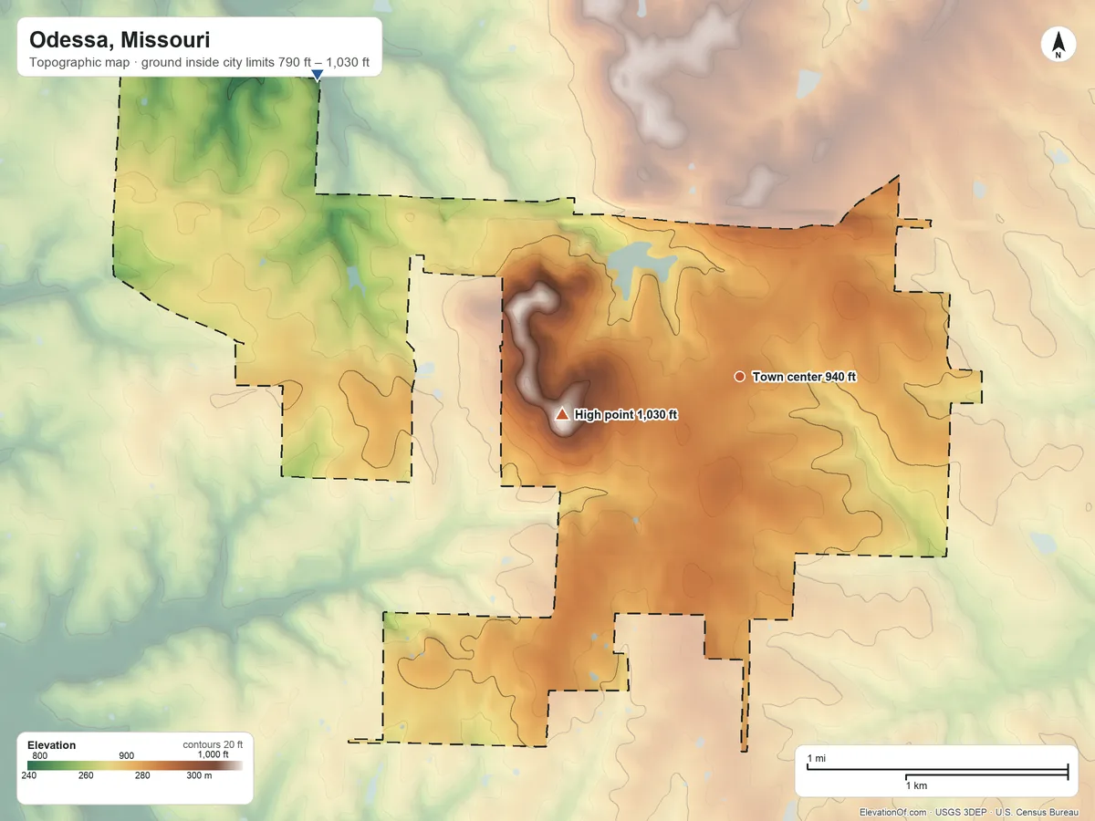Topographic elevation map of Odessa, Missouri, shaded from 790 ft on the northwest side to 1,030 ft on the west side