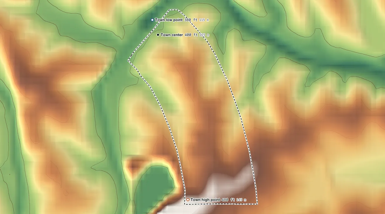 Topographic elevation map of Old Appleton, Missouri, shaded from 380 ft near the middle to 480 ft on the south side