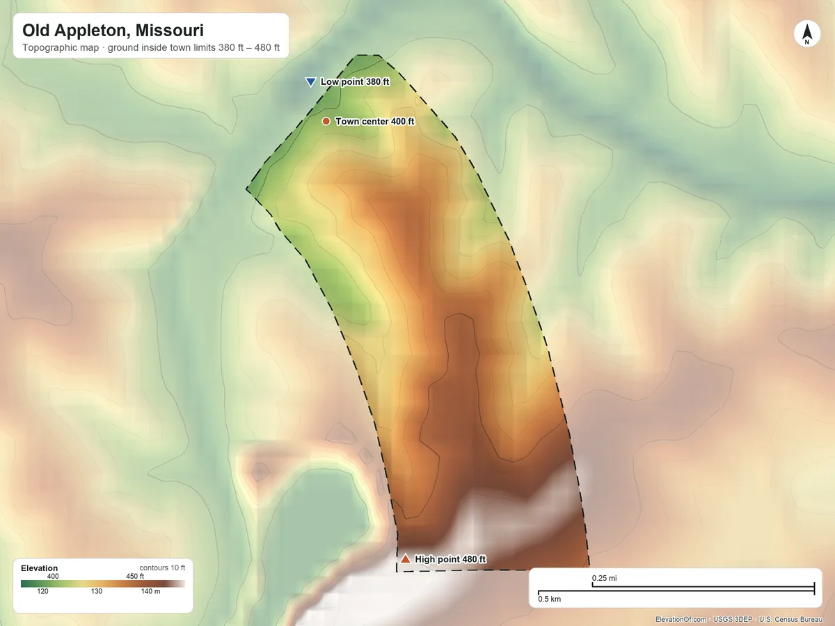 Topographic elevation map of Old Appleton, Missouri, shaded from 380 ft near the middle to 480 ft on the south side
