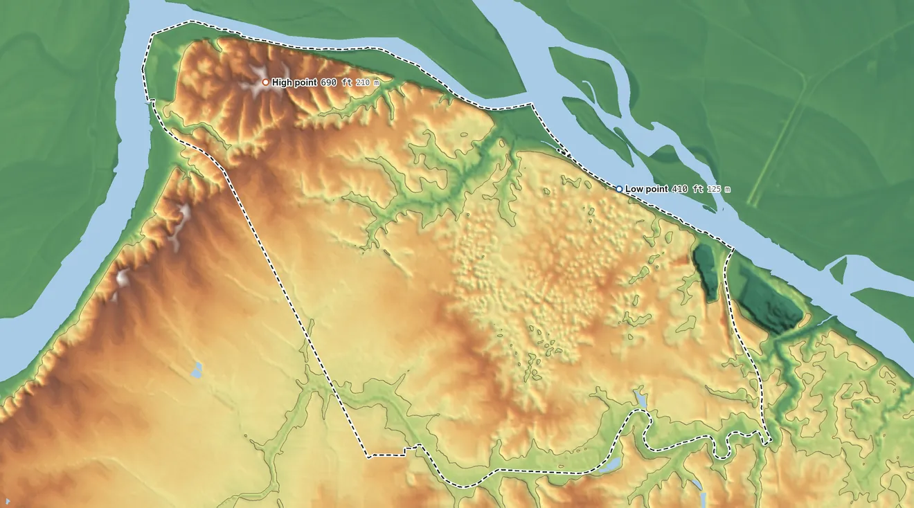 Topographic elevation map of Old Jamestown, Missouri, shaded from 410 ft on the northeast side to 690 ft on the northwest side